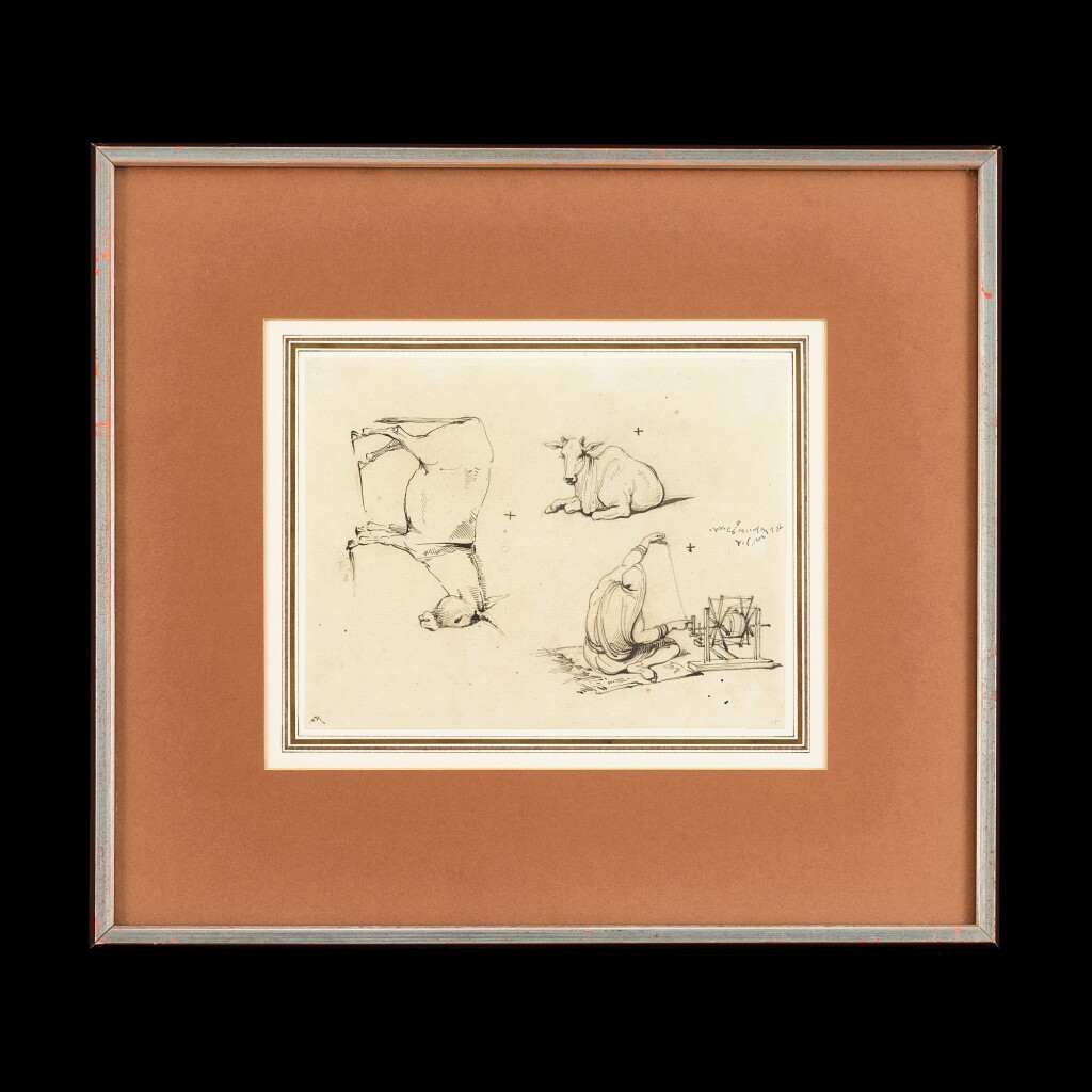 View full screen - View 1 of Lot 200. George Chinnery (1774-1852) Two Sketches of Indian Woman Spinning | 錢納利(1774-1852年) 素描印度婦女紡紗圖一組兩幅 紙本鋼筆及墨水 鏡框.