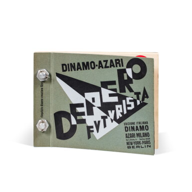 View full screen - View 1 of Lot 90. Depero Futurista. Dinamo Azari. 1927. Reliure à boulons. Exemplaire de Bruno Sanzin, combattant de la cause futuriste. Parfait exemplaire..