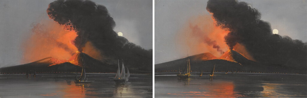View full screen - View 1 of Lot 107. NEAPOLITAN SCHOOL, 19TH CENTURY | NAPLES: TWO NOCTURNAL VIEWS OF VESUVIUS ERUPTING.