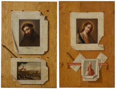 View full screen - View 1 of Lot 166. ANDREA DOMENICO REMPS | A pair of trompe l'œil still lifes, with illusionistic prints of: a female saint; and Saint Francis.