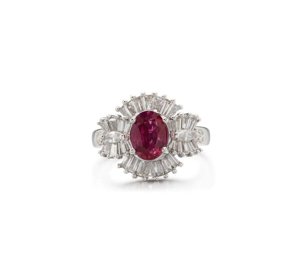 View full screen - View 1 of Lot 55. RUBY AND DIAMOND RING.