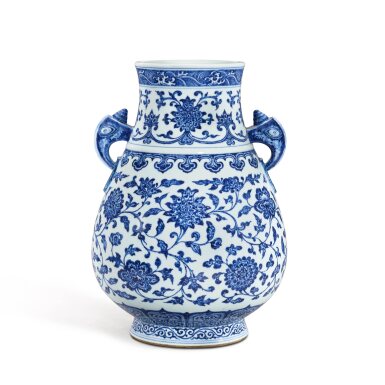 View full screen - View 1 of Lot 3804. A blue and white handled vase, hu, Mark and period of Yongzheng | 清雍正 青花纏枝花卉紋鳩耳壺 《大清雍正年製》款.