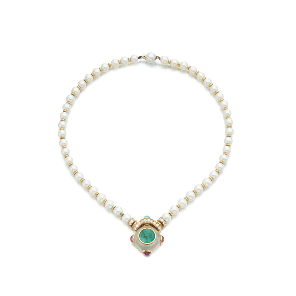 View full screen - View 1 of Lot 836. Emerald, ruby, cultured pearl, rock crystal and diamond necklace, circa 1982.
