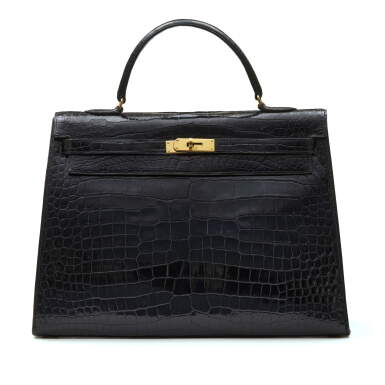 View full screen - View 1 of Lot 333. Black Sellier Kelly 35cm in Crocodile with Gold Hardware, circa 1950s.