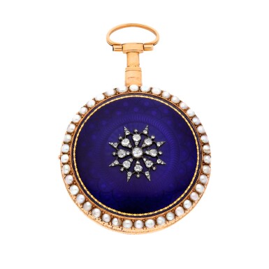 View full screen - View 1 of Lot 149. A gold, enamel and pearl-set verge watch with gilt-metal outer protective case Circa 1790, no. 8336.