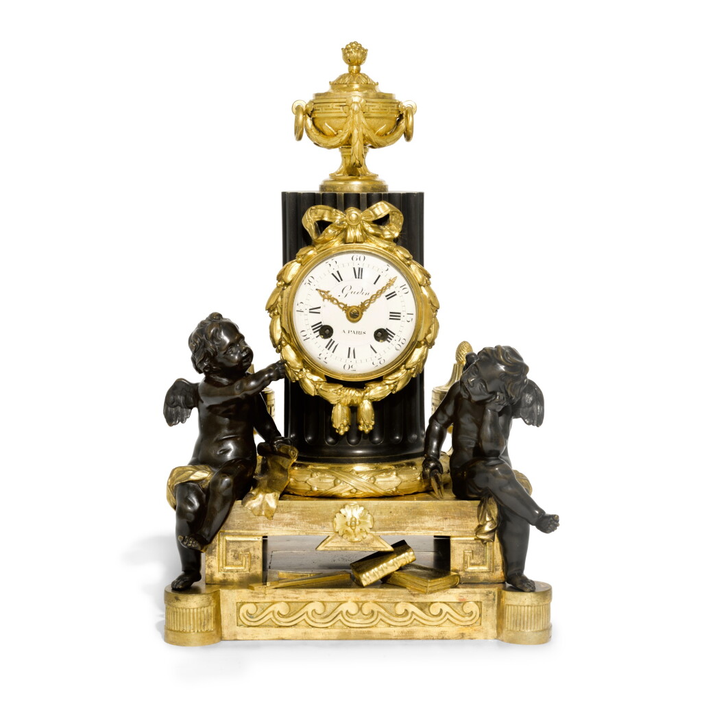 View full screen - View 1 of Lot 102. A Louis XVI ormolu and patinated bronze mantel clock, circa 1780, the case attributed to Robert Osmond.
