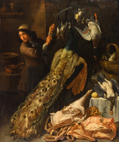View full screen - View 1 of Lot 207. The interior of a kitchen with a young boy holding a rope from which hang game birds, a peacock and joints of meat in the foreground.