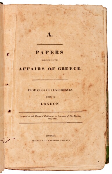View full screen - View 1 of Lot 142. Greece | Parliamentary Papers on the Affairs of Greece, London, 1830, 4 parts in 1 vol., contemporary boards.