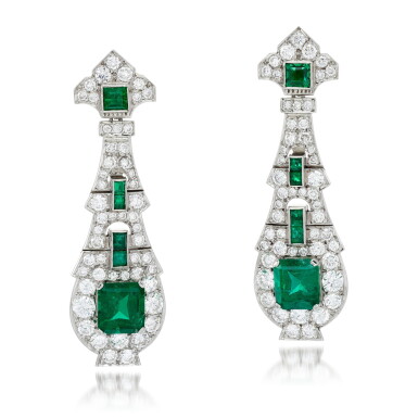 View full screen - View 1 of Lot 241. Pair of emerald and diamond earrings.