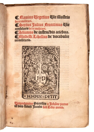 View full screen - View 1 of Lot 1228. Vegetius, De re militari, Paris, 1515, contemporary limp vellum, Duque de Osuna copy.