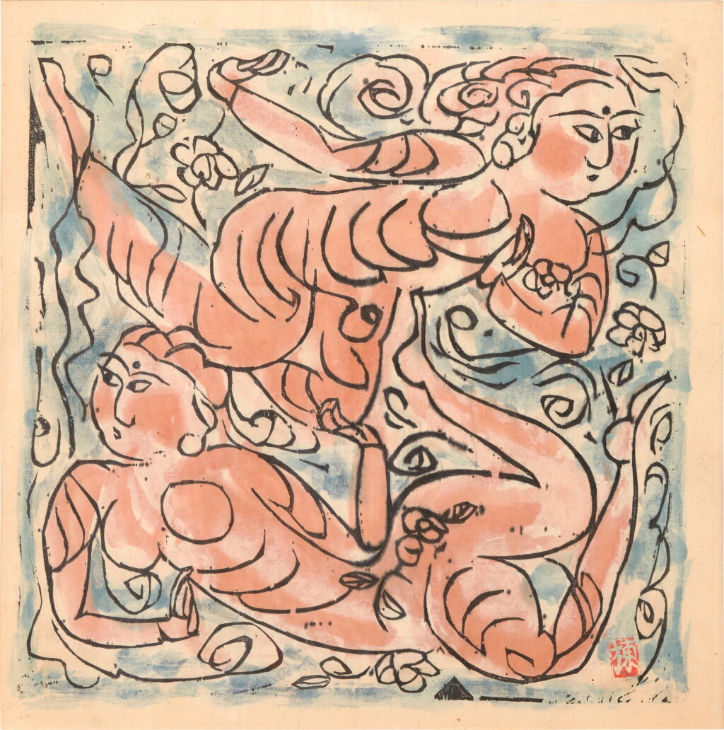 View full screen - View 1 of Lot 138. Munakata Shiko (1903-1975) | Two goddesses among flowers | Showa period, 20th century.