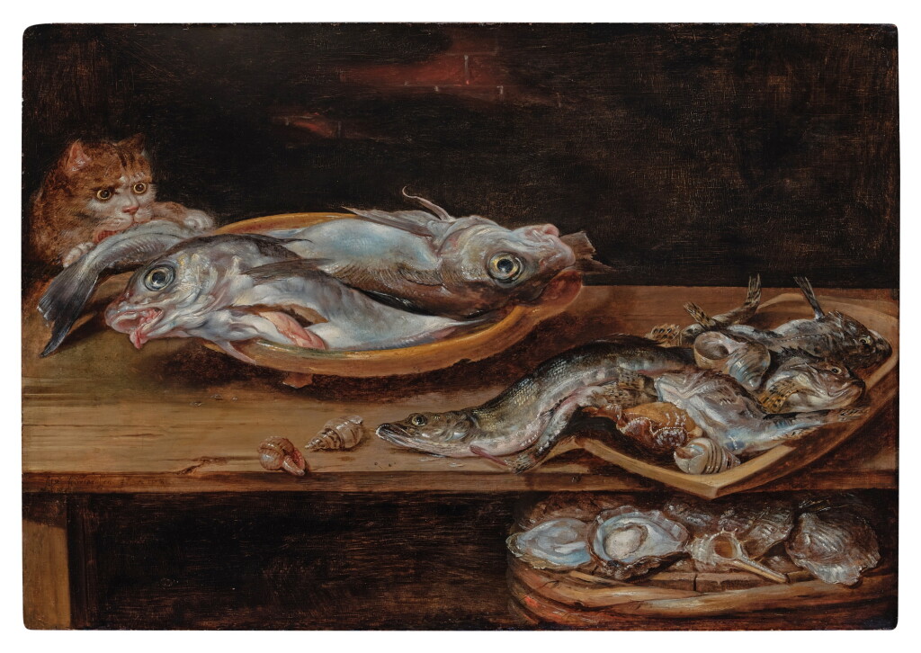 全萤幕检视 - 查看519Still life with fish, oysters, shells, and a thieving cat on a wooden tabletop的1