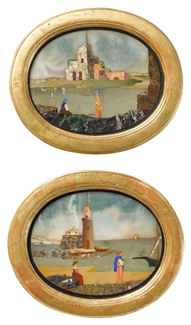 View full screen - View 1 of Lot 1. A pair of Italian pietre dure oval panels, Florence, early 18th century.