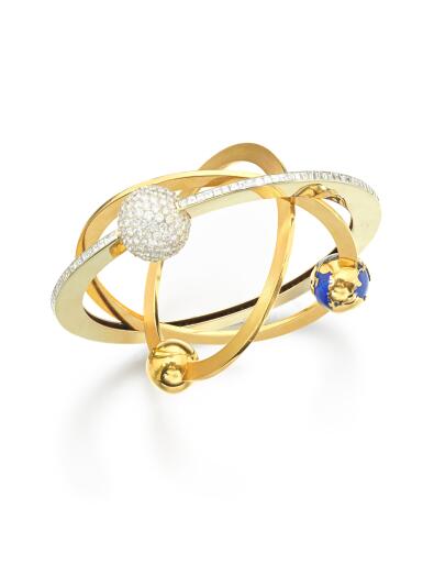 View full screen - View 1 of Lot 566. Fine gold, lapis lazuli and diamond bangle, 'Venus', circa 1992.