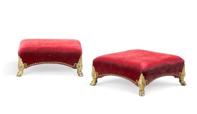 View full screen - View 1 of Lot 19. A pair of Regency gilt-brass mounted upholstered footstools, third quarter 19th century.