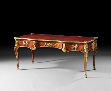View full screen - View 1 of Lot 54. A Louis XV gilt-bronze mounted kingwood and satiné desk, stamped 'I. DUBOIS' et 'JME', circa 1750-1755 | Bureau plat en placage de bois de violette, satiné et bronze doré d'époque Louis XV, vers 1750-1755, estampillé "I. DUBOIS" et JME".