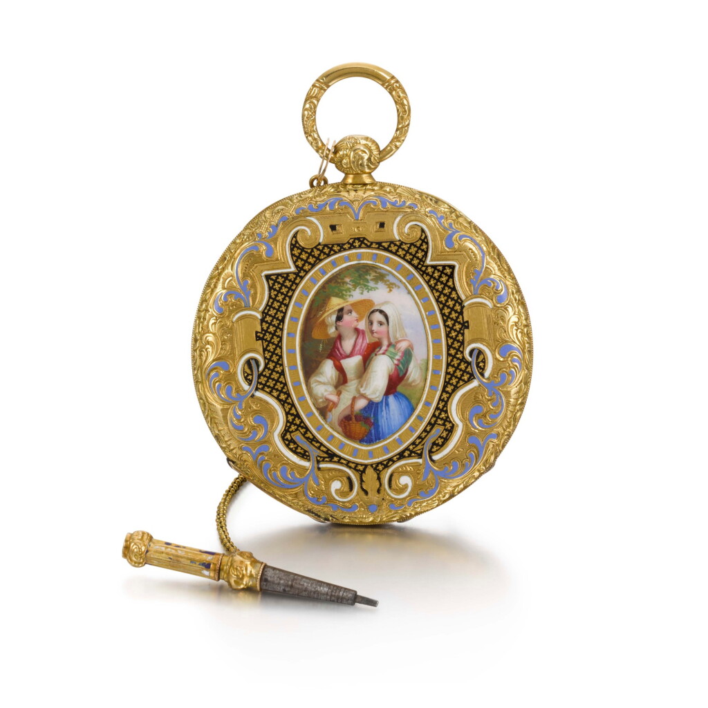 View full screen - View 1 of Lot 289. SWISS | A GOLD AND ENAMEL ULTRA SLIM BAGNOLET WATCH, CIRCA 1850 NO. 24389.