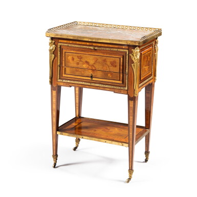 View full screen - View 1 of Lot 33. A Louis XVI gilt-bronze mounted tulipwood, amaranth, tinted maple and holly marquetry table en chiffonniere, circa 1780 | Table en chiffonnière en marqueterie de bois de rose, amarante, érable teint, houx et bronze doré d'époque Louis XVI, vers 1780.