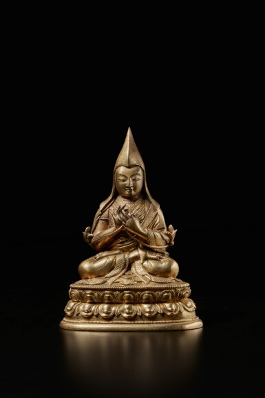 View full screen - View 1 of Lot 348. A gilt-bronze figure of Tsongkhapa, Qing dynasty, 18th century.