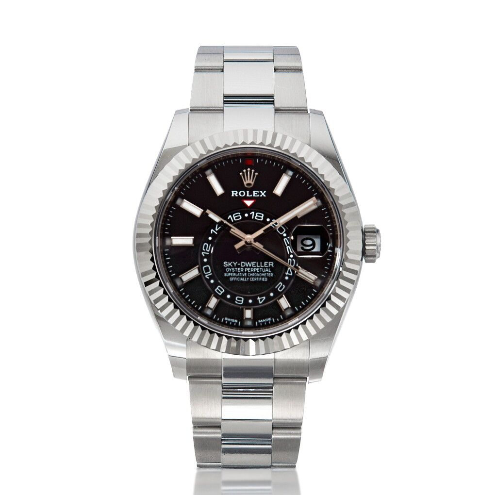 View full screen - View 1 of Lot 5. Reference 326934 Sky-Dweller, A stainless steel dual time automatic wristwatch date and bracelet, Circa 2018 勞力士 326934型號 Sky-Dweller 精鋼兩地時間鍊帶腕錶備日期顯示,約2018年製.