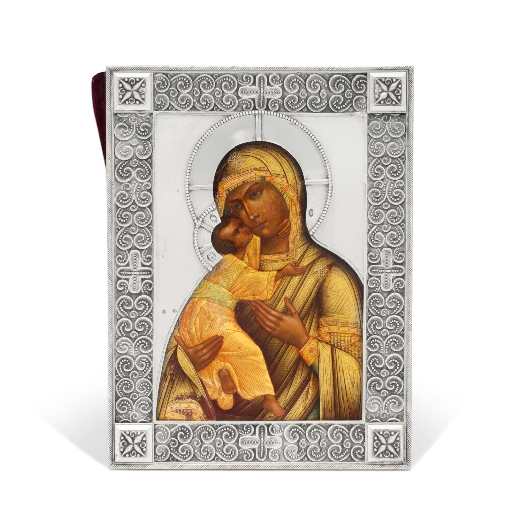 View full screen - View 1 of Lot 586. A Fabergé Silver-Mounted Icon of the Vladimir Mother of God, 1899-1908.