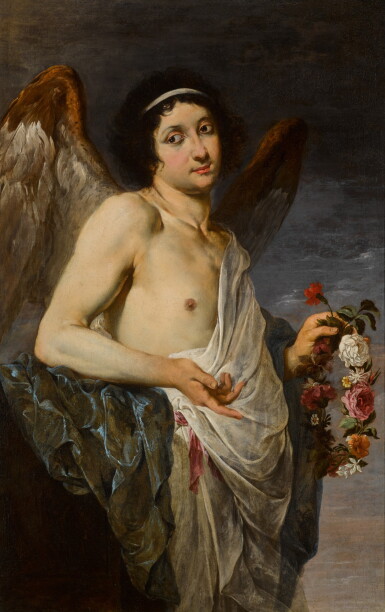 View full screen - View 1 of Lot 106. An angel holding a crown of flowers (an Allegory of Love?).