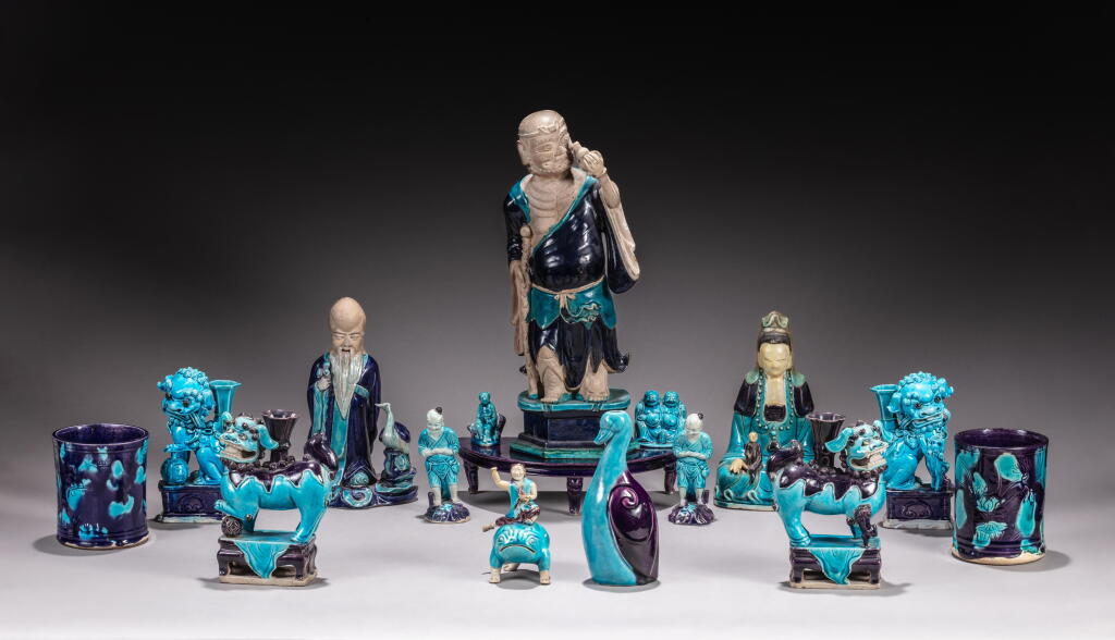 View full screen - View 1 of Lot 156. A group of sixteen turquoise and aubergine-glazed wares, 17th - 18th century.