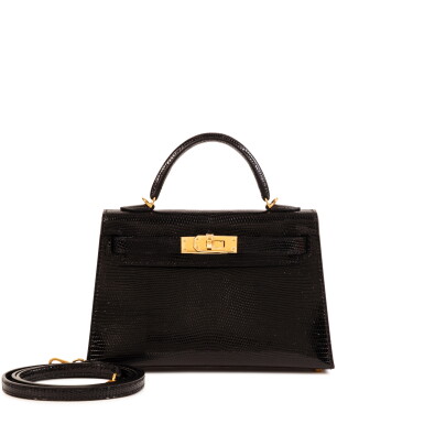 View full screen - View 1 of Lot 627. Black Shiny Niloticus Lizard Mini Kelly II 20 Gold Hardware, 2024.