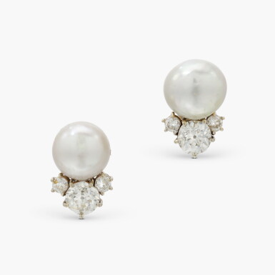 View full screen - View 1 of Lot 600. Pair of Natural Pearl and Diamond Earrings .