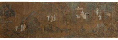 View full screen - View 1 of Lot 93. Anonyme Les sept sages de la forêt de bambous Dynastie Qing, XVIIIE siècle | 清十八世紀 竹林七賢圖 | Anonymous, Seven Sages of the Bamboo Grove, ink and color on silk, handscroll, Qing Dynasty, 19th century.