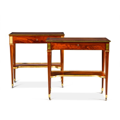 View full screen - View 1 of Lot 110. Two Louis XVI gilt-bronze mounted mahogany tables à écrire by Adam Weisweiler, circa 1790.