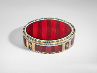 View full screen - View 1 of Lot 703. A Gold and Enamel Snuffbox, Hanau, circa 1780.