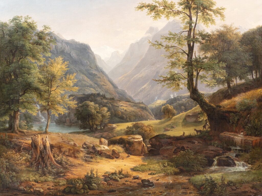 View full screen - View 1 of Lot 152. Montainous landscape with a presumed view of the Reichenbach falls | Paysage montagneux avec une vue présumée de la cascade du Reichenbach .