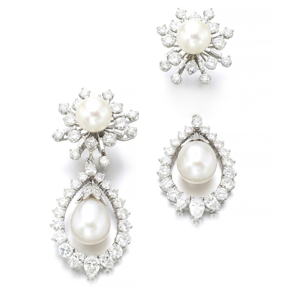 View full screen - View 1 of Lot 1170. Pair of cultured pearl and diamond ear clips, 1954.