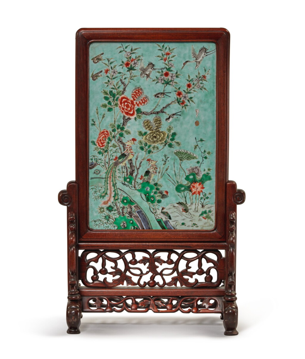 View full screen - View 1 of Lot 560. A famille-verte 'birds and flowers' table screen, Qing dynasty, 19th century.