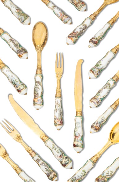 View full screen - View 1 of Lot 172. A set of Meissen porcelain gilt-plated flatware for six, probably from the Hunting Service made for the Russian Court, circa 1766.