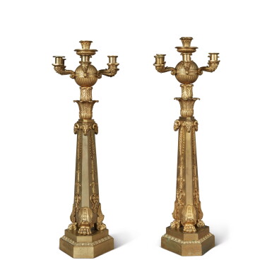 View full screen - View 1 of Lot 275. A Pair of Restauration Gilt Bronze Seven-Light Candelabra Now Mounted as Lamps, Circa 1830.