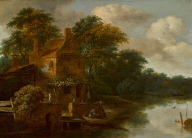 View full screen - View 1 of Lot 157. SALOMON ROMBOUTS | A river landscape with a fisherman in his boat by a cottage.
