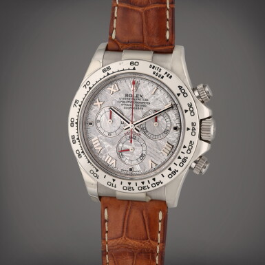 View full screen - View 1 of Lot 242. Reference 116519 Daytona | A white gold automatic chronograph wristwatch with meteorite dial, Circa 2008.