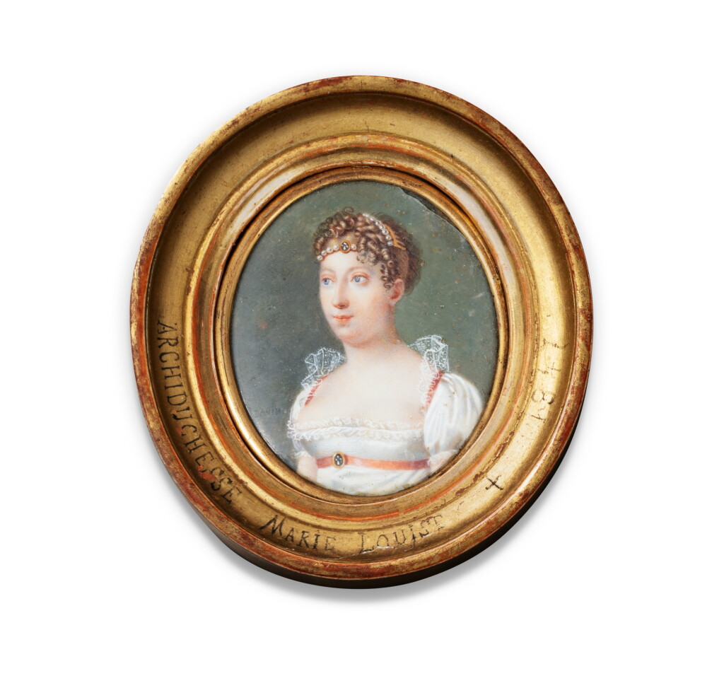 View full screen - View 1 of Lot 9. A French oval miniature on ivory representing Marie, archiduchess of Austria, Empress of the French, attributed to Henriette Davin-Mirvault, Paris, circa 1812 | Miniature ovale sur ivoire représentant Marie-Louise, archiduchesse d'Autriche, Impératrice des Français, attribuée à Henriette Davin-Mirvault, Paris, vers 1812.