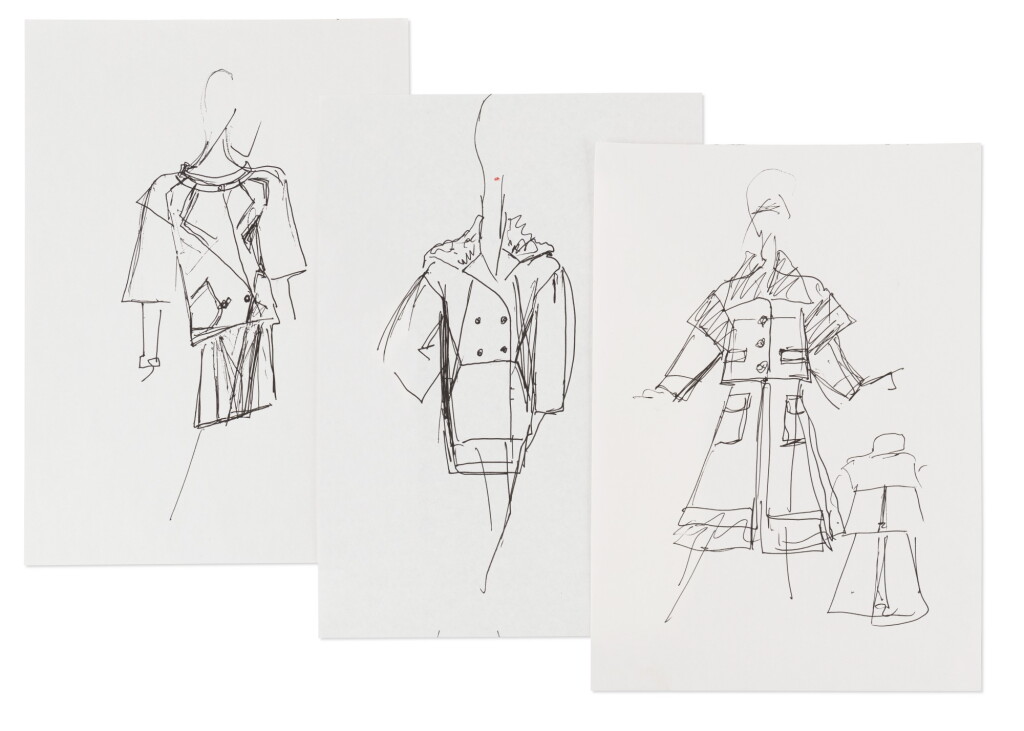 View full screen - View 1 of Lot 43. Three original sketches for fashion | Trois croquis de mode originaux.