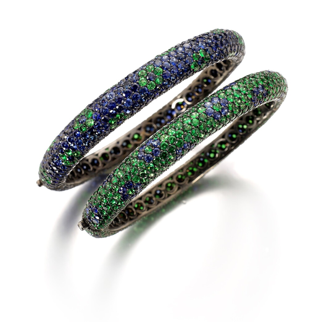 View full screen - View 1 of Lot 573. PAIR OF TSAVORITE GARNET AND SAPPHIRE BRACELETS.