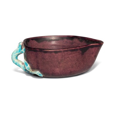 View full screen - View 1 of Lot 666. A rare aubergine- and turquoise-glazed biscuit peach-form washer, Qing dynasty, Kangxi period | 清康熙 紫釉桃形洗.