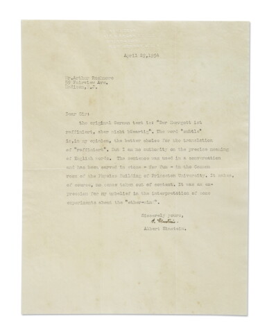 View full screen - View 1 of Lot 18. EINSTEIN, ALBERT | TLS TO ARTHUR RUSHMORE, DISCUSSING THE TRANSLATION OF EINSTEIN’S MOST FAMOUS QUOTE “GOD IS SUBTLE, BUT HE IS NOT MALICIOUS”, 1 P, 29 APRIL 1954..