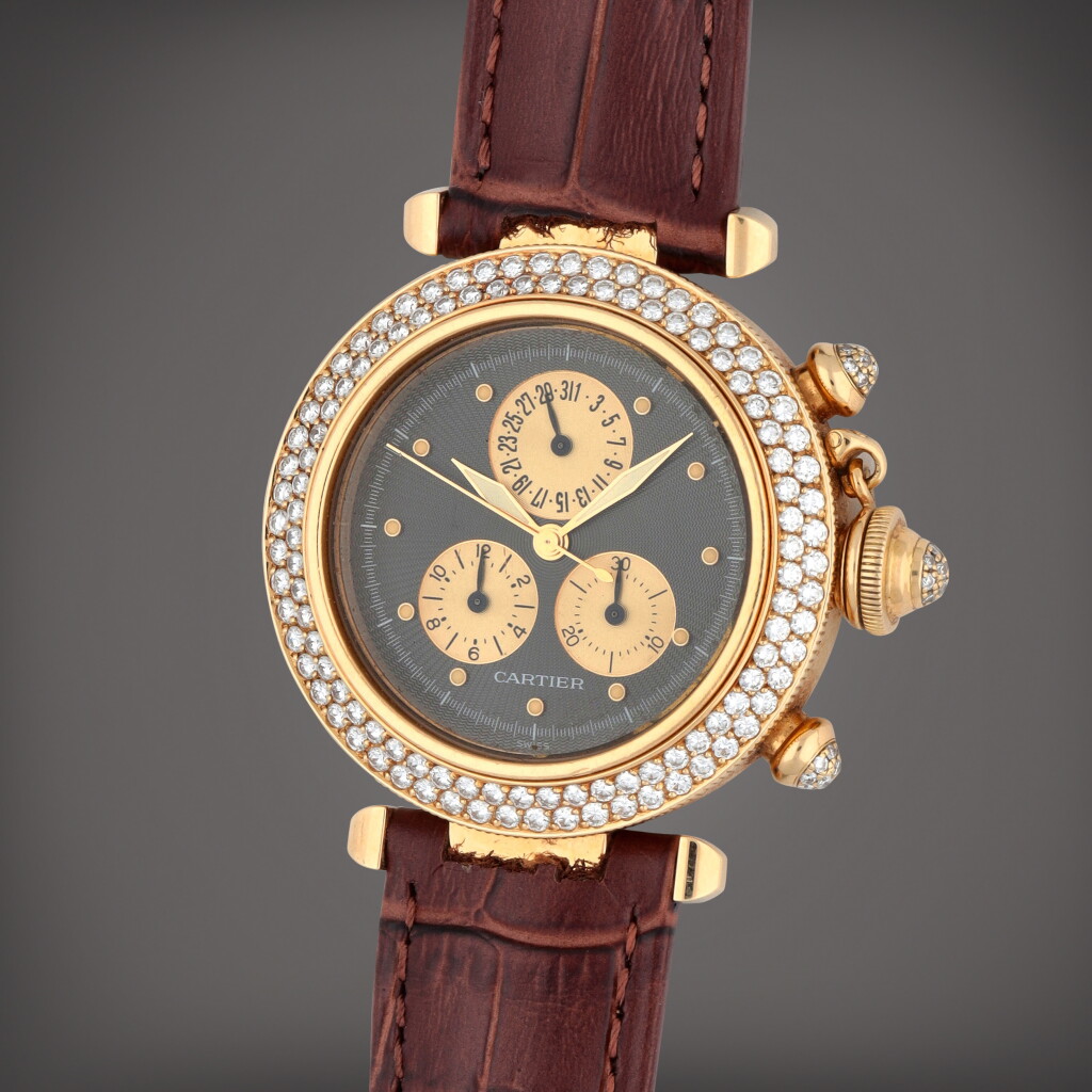 View full screen - View 1 of Lot 436. Pasha Seatimer, Reference 1353 1 | A yellow gold and diamond-set chronograph wristwatch with date | Circa 1996..