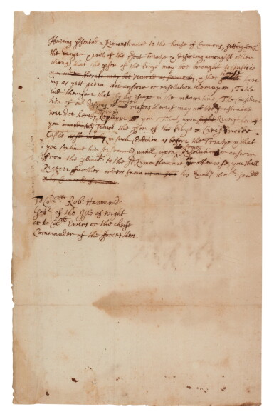 View full screen - View 1 of Lot 15. King Charles I—Henry Ireton | Autograph draft letter on the imprisonment of the King, November 1648.