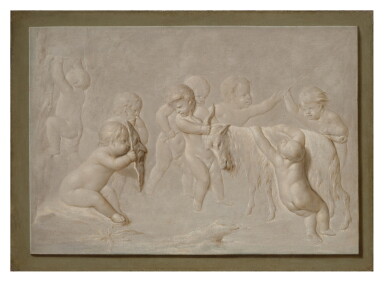 View full screen - View 1 of Lot 474. Trompe l’oeil of a marble bas-relief depicting a bacchanal of putti with a goat.
