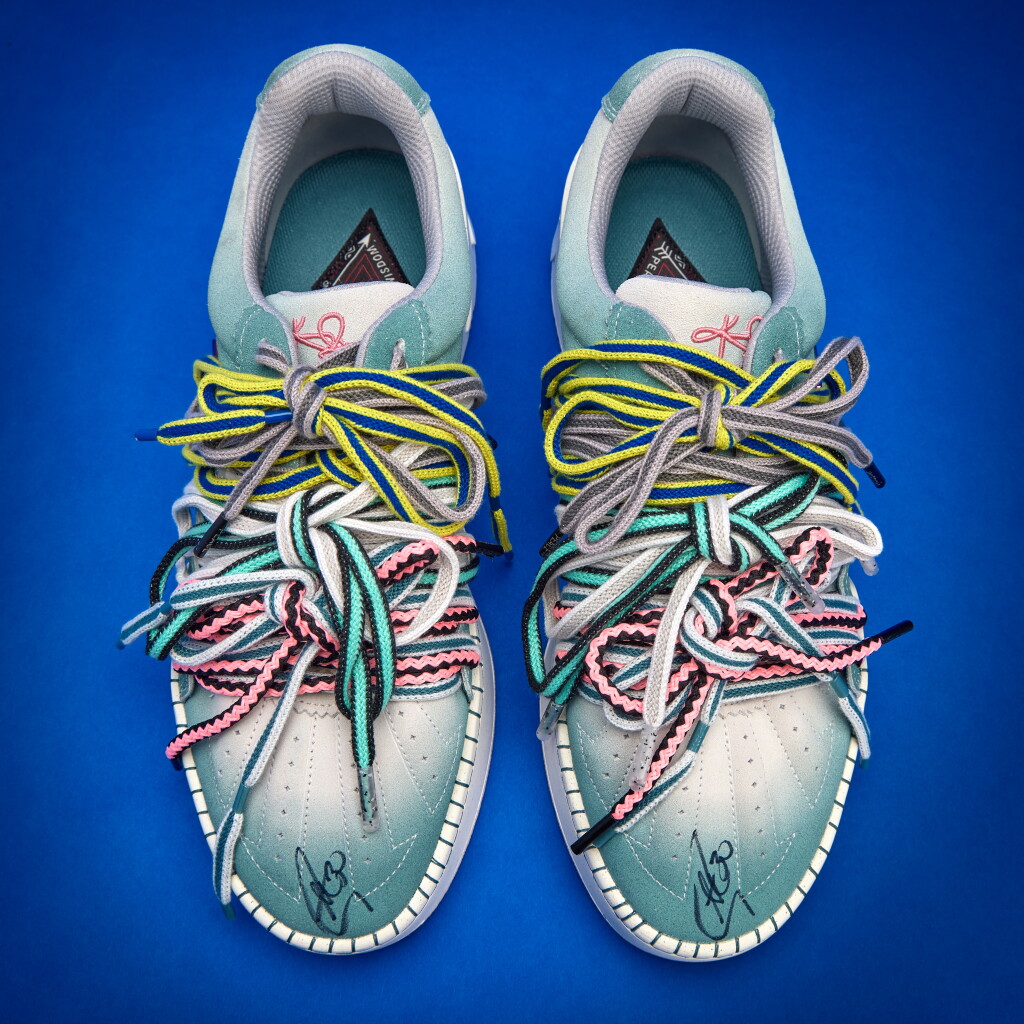 View full screen - View 1 of Lot 45. Stephen Curry 2025-2026 Tunnel Worn Dual-Signed ANTA Kyrie Irving Lifestyle Hela Style Roots 'Ombre Blue'.