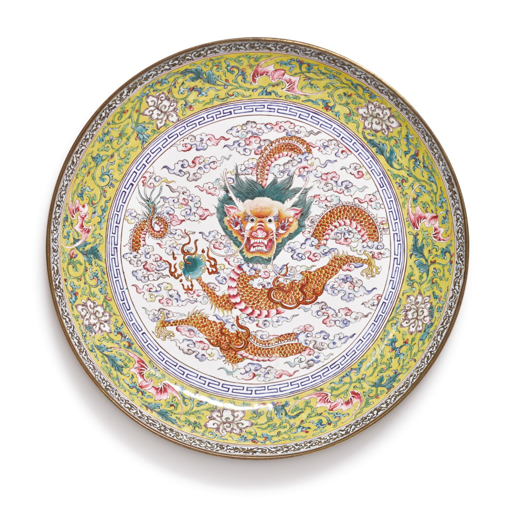 View full screen - View 1 of Lot 638. A CANTON ENAMEL 'DRAGON' DISH, QING DYNASTY, 18TH CENTURY.