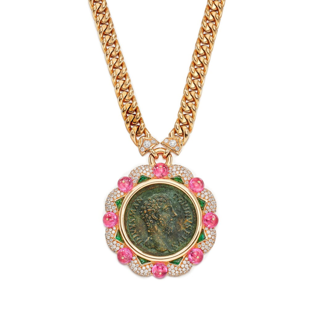 View full screen - View 1 of Lot 1850. 'Monete' Antique Coin, Gem Set and Diamond Pendent Necklace | 寶格麗 | 'Monete' 古代錢幣 配 寶石 及 鑽石 項鏈.